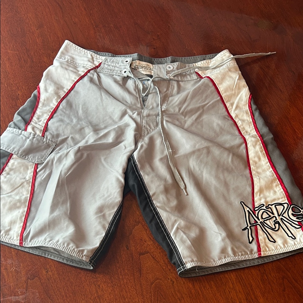 Aeropostale Gray and Black Swim Shorts with Red Accents size 29